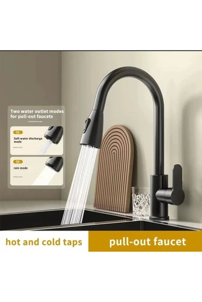 Siyah Evye Bataryası Mat Siyah Uzayan Sistem Armatür Spiralli Musluk Tazzik Sprey Mod ürün görseli