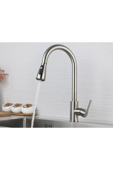 Spiralli Armatür Spiralli Musluk Uzayan Sistem Mutfak Bataryası Mat Krom İnox Renk Musluk - Resim 2
