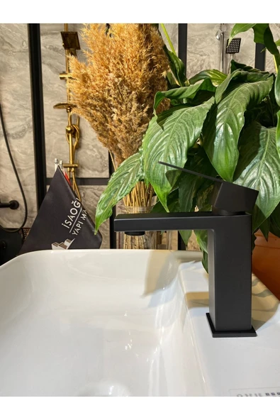 Mat Siyah Lavabo Bataryası Kare Slim Tasarım Siyah Banyo Armatürü - Resim 2