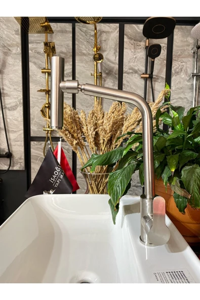 Inox Oynar Başlıklı Mutfak Bataryası Uzayan Evye Musluğu Teleskopik Hareketli Batarya ürün görseli