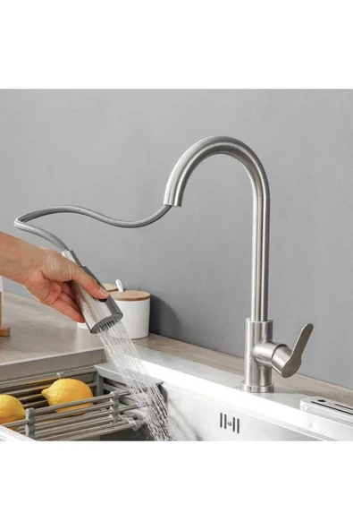 Spiralli Mutfak Bataryası Mat Krom Leke El İzi Tutmaz Evye Musluğu Uzayan Sistem Batarya - Resim 2