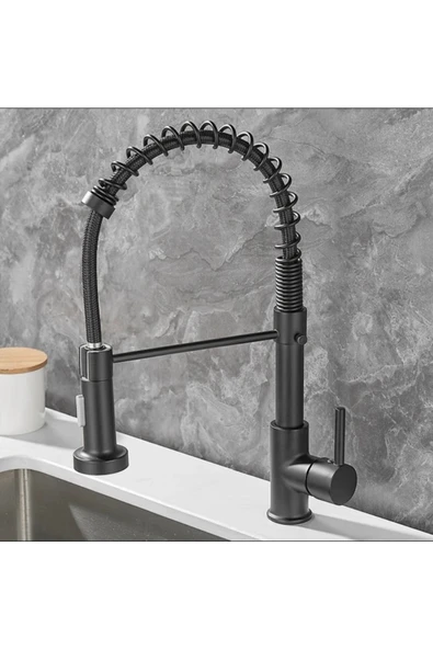 Siyah Mutfak Bataryası Siyah Endüstriyel Evye Musluğu Mat Siyah Spiralli Uzayan Sistem Batarya ürün görseli