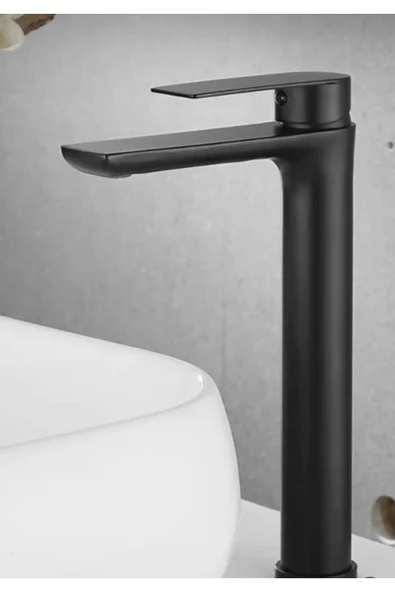 Siyah Çanak Lavabo Bataryası Kare Yüksek Model Batarya Mat Siyah Çanak Armatür - Resim 3