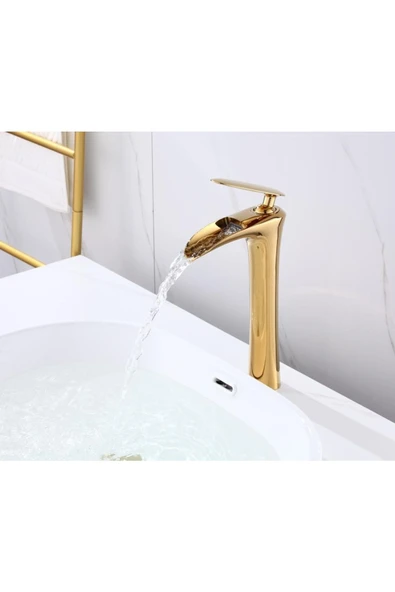 Şelale Lavabo Bataryası Gold Çanak Lavabo Bataryası Şelale Akışlı Altın Lavabo Musluk Banyo Batarya