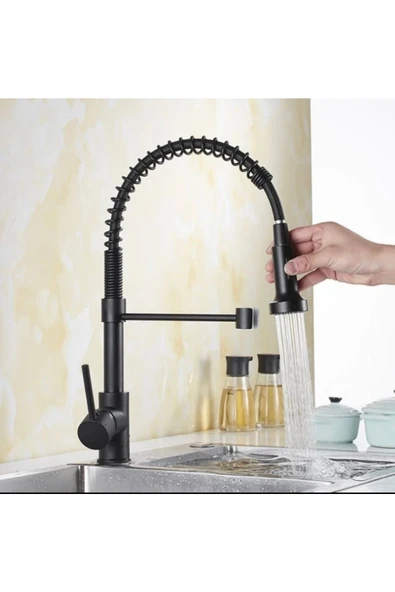 Siyah Mutfak Bataryası Siyah Endüstriyel Evye Musluğu Mat Siyah Spiralli Uzayan Sistem Batarya - Resim 6