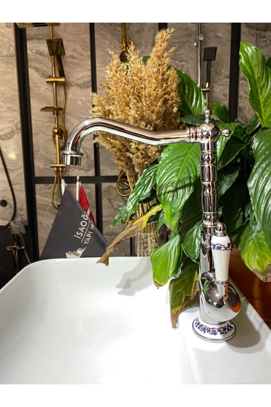 Rustik Mutfak Bataryası Işlemeli Country Evye Musluğu Gümüş Renk Premium Tasarım ürün görseli