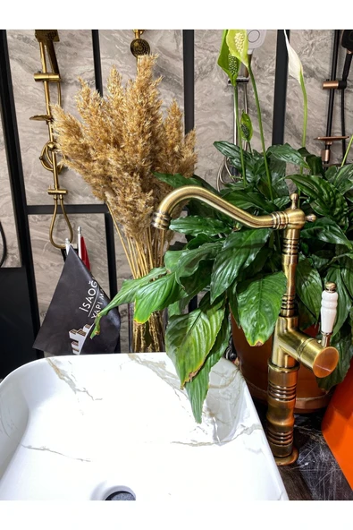 Mat Gold Çanak Lavabo Bataryası Eskitme Çanak Bataryası Antik Gold Rustik Lavabo Bataryası - 2