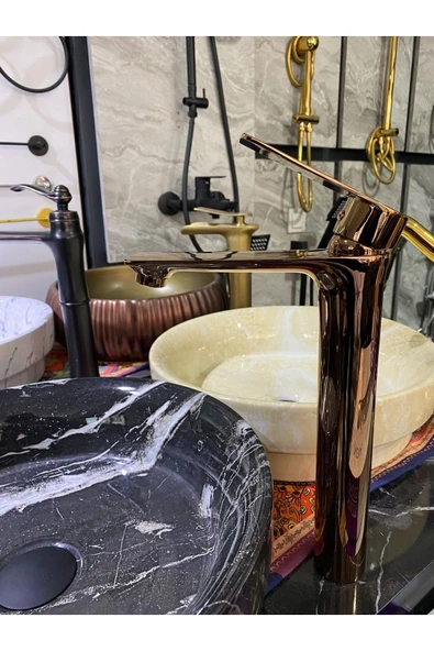 Bakır Çanak Lavabo Bataryası Bronz Lavabo Musluğu Kare Slim Tasarım Rose Bakır Batarya - Resim 3