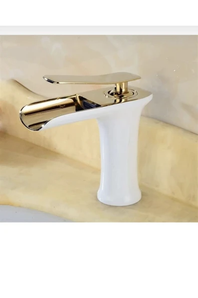 Lavabo Bataryası Gold Beyaz Lavabo Musluğu Şelale Akışlı Naturel Batarya Altın Beyaz