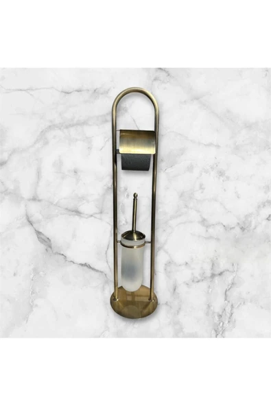 Antik Gold Ayaklı Tuvalet Kağıtlığı ve Klozet Fırçası Vintage Tasarım Pirinç Malzeme Antik Fırça - Resim 2