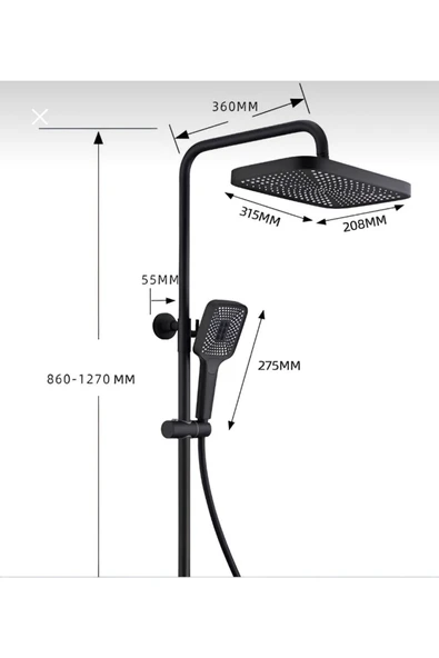 Siyah Tepe Yağmurlama Duş Seti Mat Siyah Ektra Büyük Duş Sistemi Batarya Dahil Set Fonksiyonlu - Resim 2