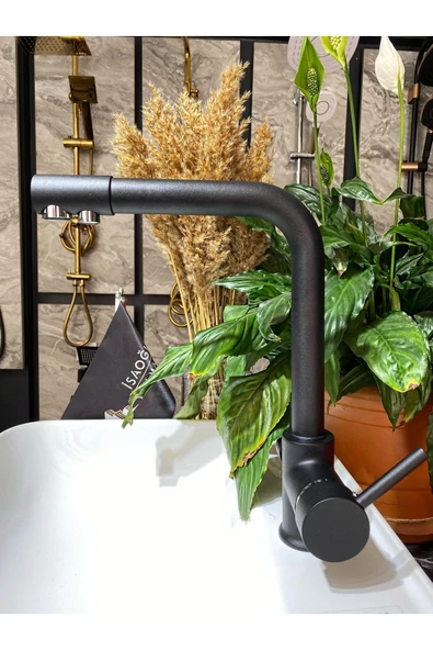 Arıtmalı Siyah Mutfak Bataryası 3 Yollu Arıtıcılı Mat Siyah Eviye Musluğu Siyah Batarya - Resim 3