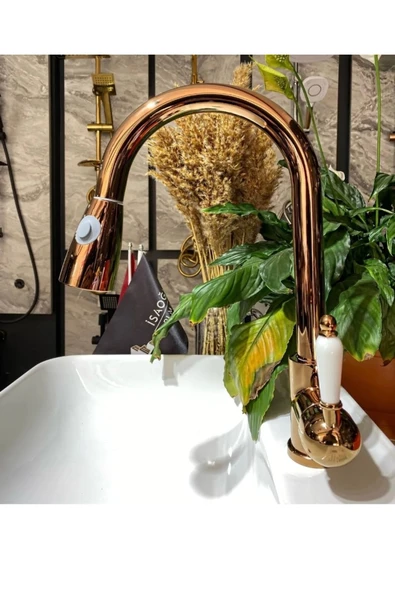 Bakır Mutfak Bataryası Bakır Spiralli Uzayan Musluk Rose Bakır Armatür Porsalen Kulp Batarya - Resim 2