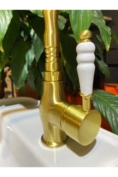 Mat Gold Mutfak Bataryası Mat Gold Evye Musluğu Özel Tasarım Vintage Armatür Mat Altın - 3