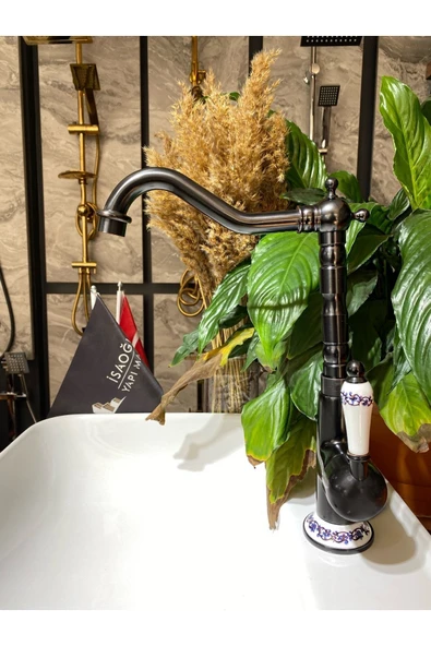 Mat Siyah Rustik Mutfak Bataryası Işlemeli Premium Tasarım Country Eviye Musluğu Siyah Batarya ürün görseli