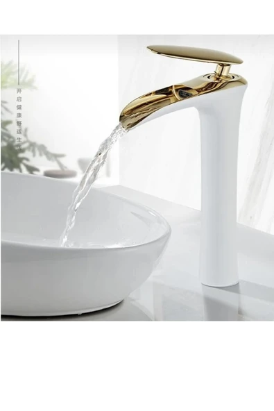 Çanak Lavabo Bataryası Gold Beyaz Şelale Lavabo Musluğu Naturel Akışlı Batarya - 2