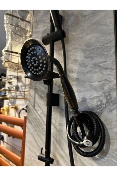 Siyah Duş Sistemi Klasik Vintage Tasarım Duş Seti Askı Aparatı Dahil Komple Set - Resim 3