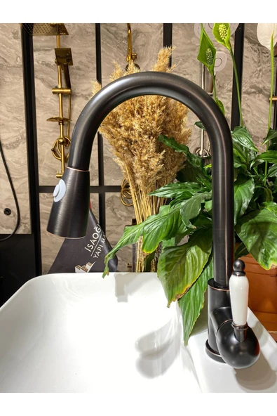 Siyah Spiralli Mutfak Bataryası Siyah Oynar Başlıklı Evye Bataryası Siyah Uzayan Batarya Porselen ürün görseli