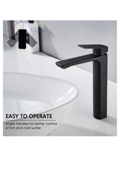 Siyah Çanak Lavabo Bataryası Mat Siyah Çanak Musluk Yüksel Model Lavabo Armatür Batarya - Resim 2