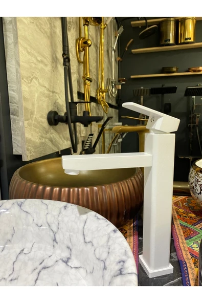 Beyaz Çanak Lavabo Bataryası Mat Beyaz Çanak Musluğu Beyaz Çanak Lavabo Kare Tasarım - Resim 3