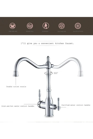 Mutfak Evye Bataryası Krom Dual Flow Su Arıtma Çıkışlı Krom Yeni Tasarım 5 Yıl Garantili - Resim 4