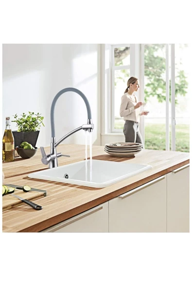 Arıtmalı Mutfak Bataryası Mat Krom Fırçalanmış Nikel Musluk Arıtmalara Uygun Uzayan Sistemli ürün görseli