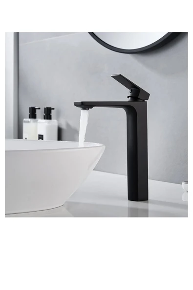 Siyah Çanak Lavabo Bataryası Mat Siyah Çanak Musluk Yüksel Model Lavabo Armatür Batarya - Resim 3