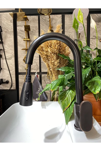 Siyah Spiralli Mutfak Bataryası Uzayan Hortumlu Evye Bataryası Oynar Başlıklı Musluk Mat Siyah - Resim 2