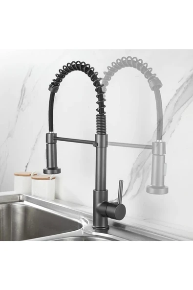 Siyah Mutfak Bataryası Siyah Endüstriyel Evye Musluğu Mat Siyah Spiralli Uzayan Sistem Batarya - Resim 4