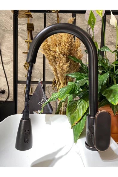 Siyah Spiralli Mutfak Bataryası Uzayan Hortumlu Evye Bataryası Oynar Başlıklı Musluk Mat Siyah - Resim 3