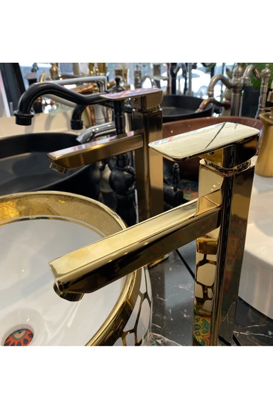 Gold Çanak Bataryası Gold Kare Lavabo Musluğu Premium Yüksek Model Armatür - 3