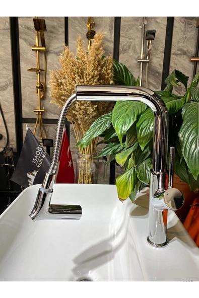 Spiralli Mutfak Bataryası Duşlama Özellikli Uzayan Sistem Evye Bataryası Tazzik Ayarlı Gümüş Renk - Resim 3