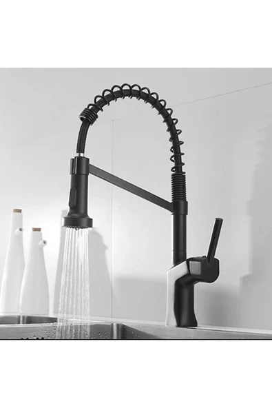 Siyah Mutfak Bataryası Endüstriyel Evye Musluğu Uzayan Sistem Spiralli Duşlama Özellikli Armatür ürün görseli