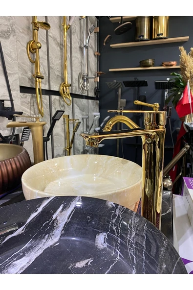 Gold Çanak Lavabo Bataryası Altın Çanak Musluğu Kare Slim Tasarım Çanak Bataryası Parlak Gold - 2