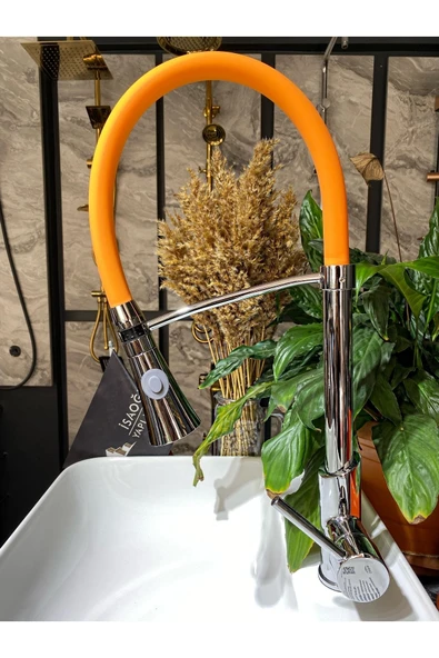 Spiralli Mutfak Bataryası Uzayan Evye Musluk Gümüş Turuncu Endüstriyel Batarya Tazzik Ayarlı Musluk - Resim 2