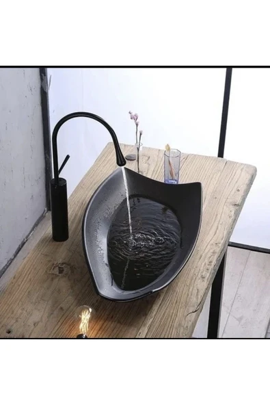 Siyah Çanak Lavabo Bataryası Modern Tasarım Banyo Bataryası Drop Design Siyah Çanak Batarya - Resim 2