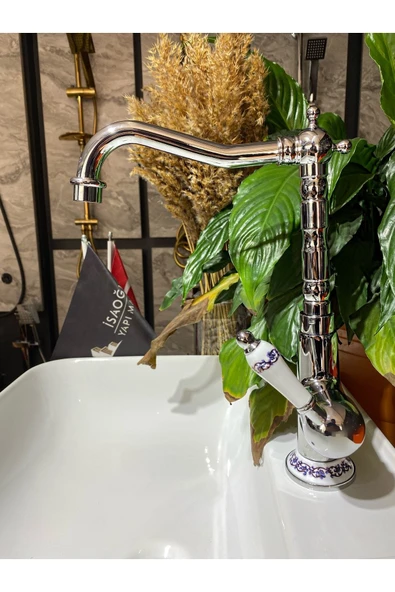 Rustik Mutfak Bataryası Işlemeli Country Evye Musluğu Gümüş Renk Premium Tasarım - Resim 2