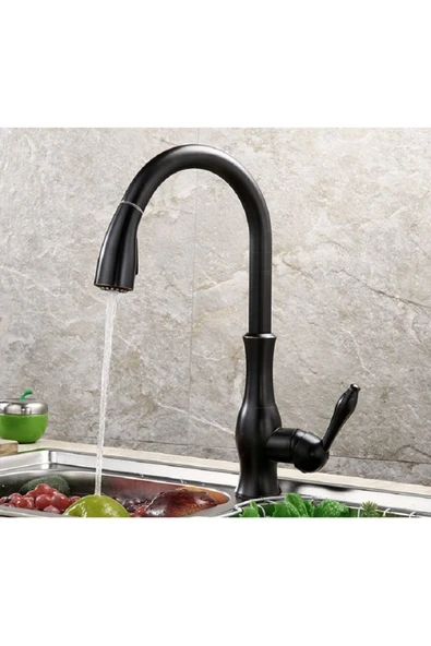 Spiralli Mutfak Bataryası Siyah Vintage Tasarım Uzayan Sistem Evye Bataryası Pirinç Siyah - Resim 2