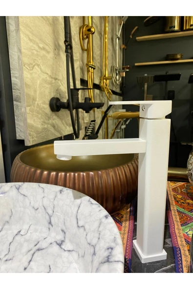 Beyaz Çanak Lavabo Bataryası Mat Beyaz Çanak Musluğu Beyaz Çanak Lavabo Kare Tasarım - Resim 2