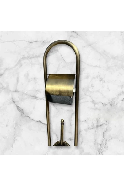Antik Gold Ayaklı Tuvalet Kağıtlığı ve Klozet Fırçası Vintage Tasarım Pirinç Malzeme Antik Fırça - Resim 6