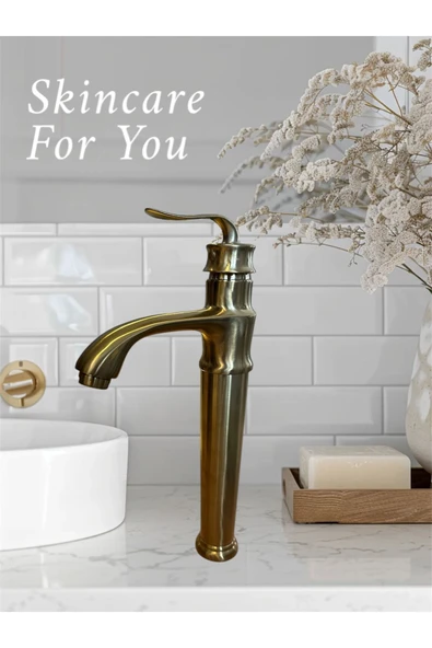 Mat Gold Çanak Lavabo Bataryası Vintage Model Yüksek Lavabo Armatürü Mat Altın
