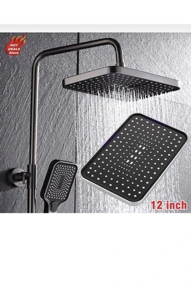 Siyah Tepe Yağmurlama Duş Seti Mat Siyah Ektra Büyük Duş Sistemi Batarya Dahil Set Fonksiyonlu - Resim 5