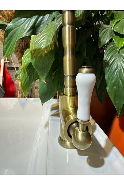 Antik Gold Mutfak Bataryası Vintage Evye Musluğu Porsalen Kulp Armatür - 3