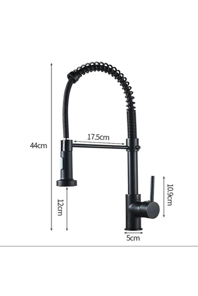Siyah Mutfak Bataryası Siyah Endüstriyel Evye Musluğu Mat Siyah Spiralli Uzayan Sistem Batarya - Resim 5