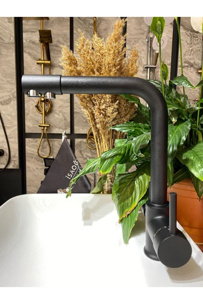 Arıtmalı Siyah Mutfak Bataryası 3 Yollu Arıtıcılı Mat Siyah Eviye Musluğu Siyah Batarya ürün görseli