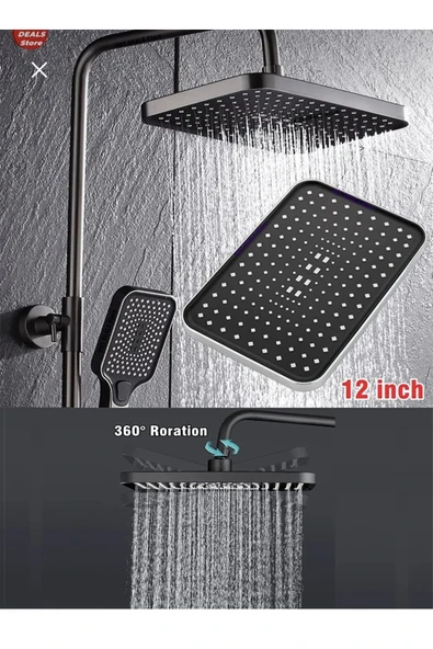 Siyah Tepe Yağmurlama Duş Seti Mat Siyah Ektra Büyük Duş Sistemi Batarya Dahil Set Fonksiyonlu ürün görseli