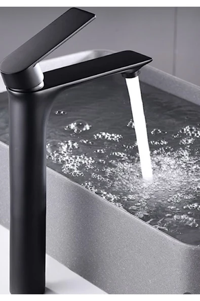 Siyah Çanak Lavabo Bataryası Kare Yüksek Model Batarya Mat Siyah Çanak Armatür - Resim 2