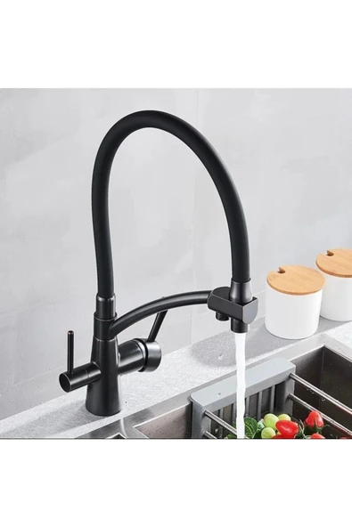 Siyah Arıtmalı Spiralli Batarya Uzayan Sistem Mutfak Musluğu Arıtıcılı Batarya Mat Siyah Renk ürün görseli
