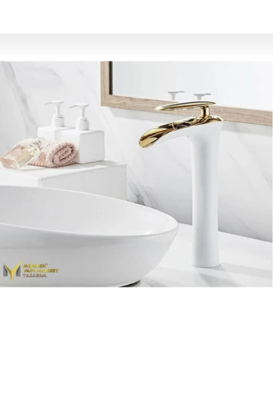 Çanak Lavabo Bataryası Gold Beyaz Şelale Lavabo Musluğu Naturel Akışlı Batarya - 3