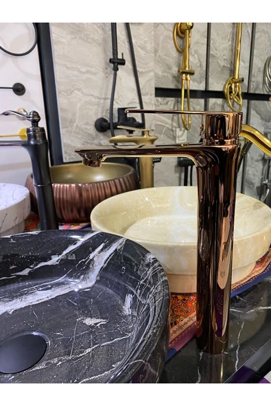 Bakır Çanak Lavabo Bataryası Bronz Lavabo Musluğu Kare Slim Tasarım Rose Bakır Batarya - Resim 2